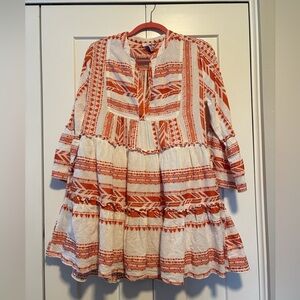 Elan Clara Orange White Embroidered Boho Mini Dress Bell Sleeve Pockets S